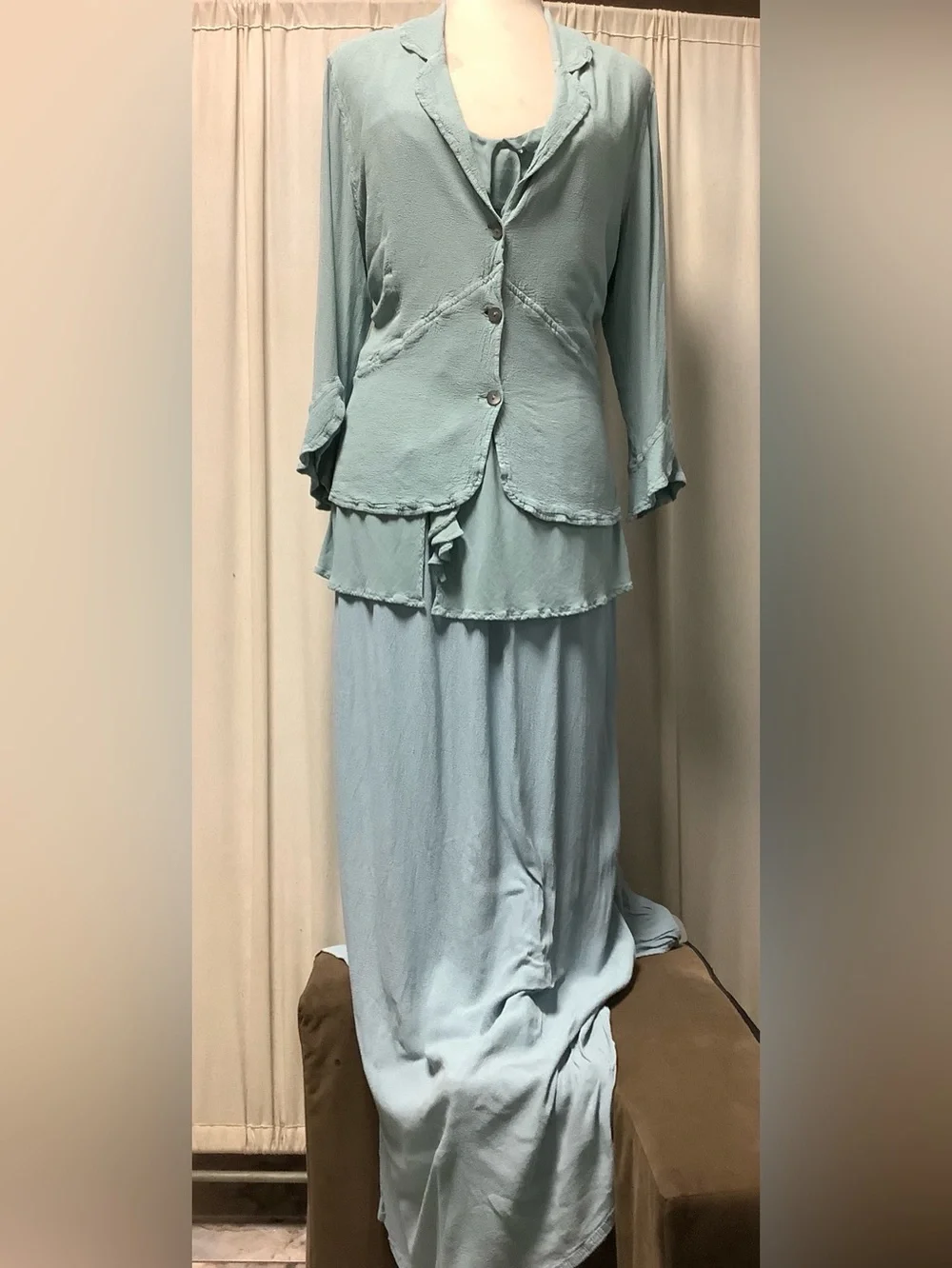 Ghost London Crepe Ruffled Cami jacket Maxi Skirt w Slits 3 Pc Set